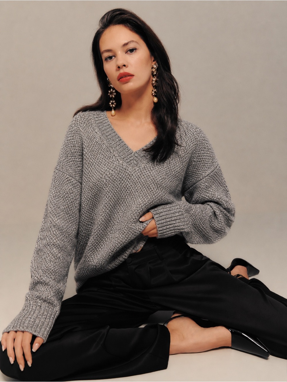 Theory Chunky Knit Wool Blend V Neck Sweater Gray Soft Size Small *i
